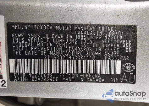 2005 Toyota Corolla S from USA, damaged, VIN 2T1BR32E95C384110